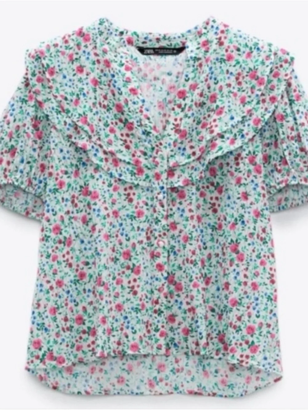 Zara White Floral Print Multi Color Crinkle V-Neck Puff Short Sleeve Top Blouse